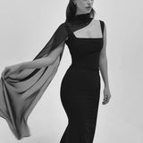 Helena Şal Detaylı Kare Yaka Elbise