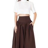 Poplin Yüksek Bel Kahverengi Midi Etek