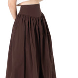 Poplin Yüksek Bel Kahverengi Midi Etek