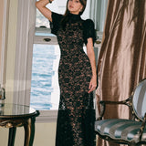 Kısa Kollu Dantelli Uzun Siyah Elbise