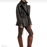 % 100 Hakiki Deri Belden Bağlamalı Siyah Kuzu Derisi Ceket