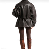 % 100 Hakiki Deri Belden Bağlamalı Siyah Kuzu Derisi Ceket