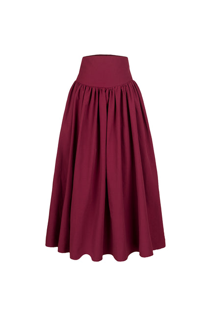 Poplin Yüksek Bel Bordo Midi Etek