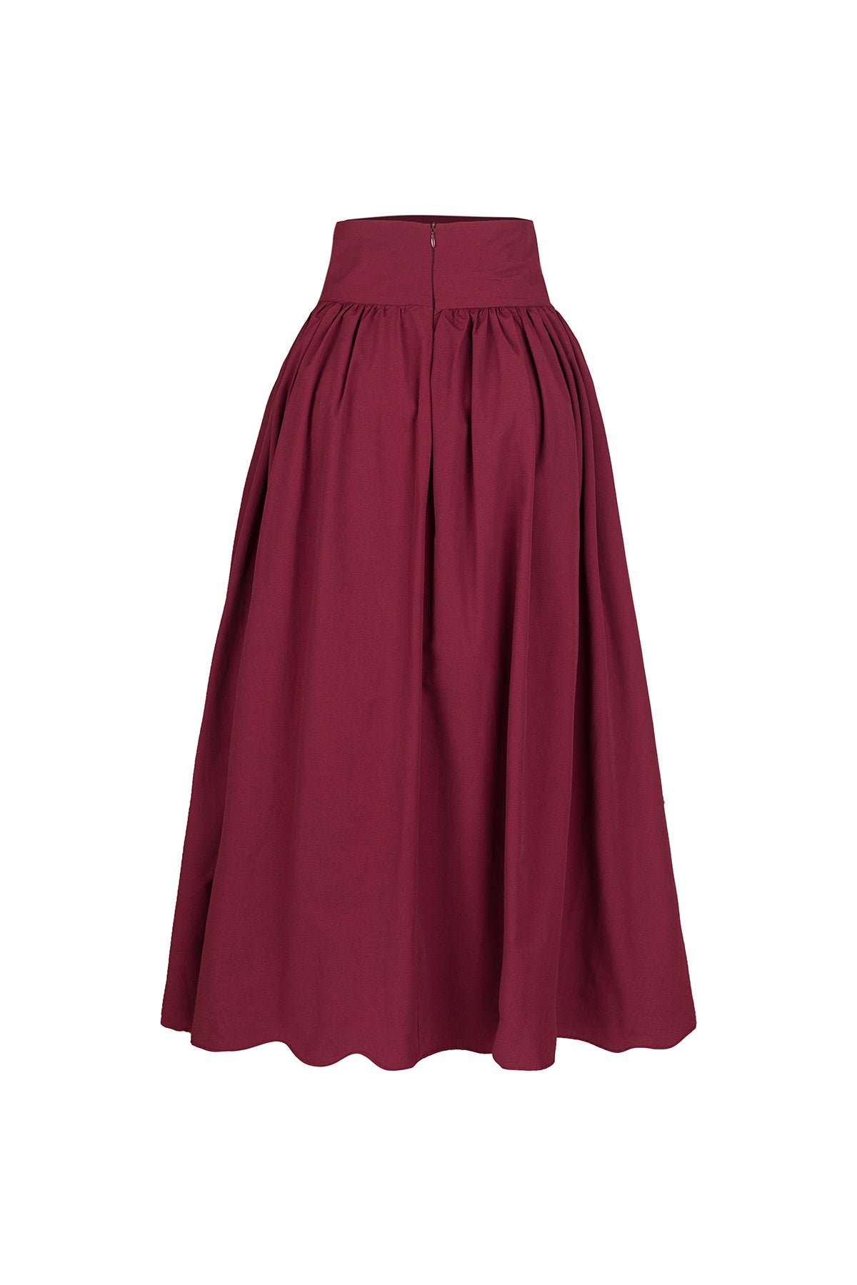 Poplin Yüksek Bel Bordo Midi Etek